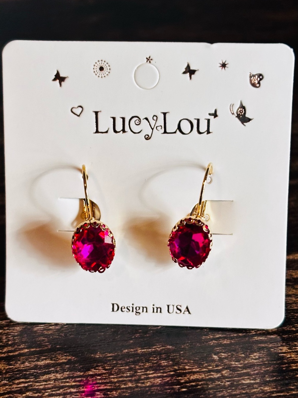 Gold‎ Tone Fuchsia Crystal Drop Earrings